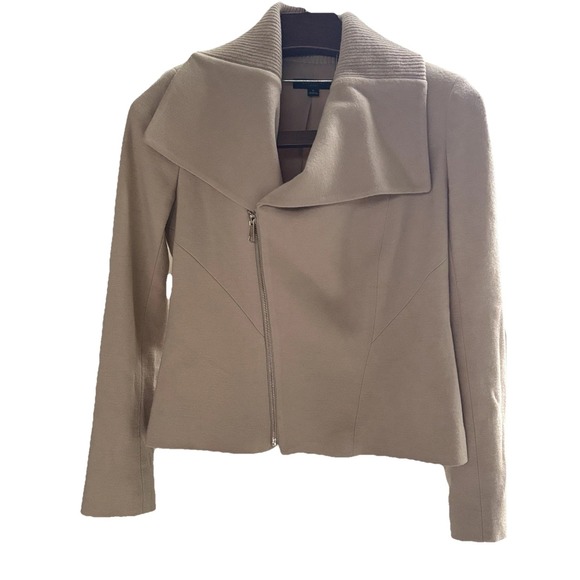 Ann Taylor Jackets & Blazers - Ann Taylor Moto Jacket Women 8‎ Tan Wool Blend Full Zip Asymmetrical Biker Crop